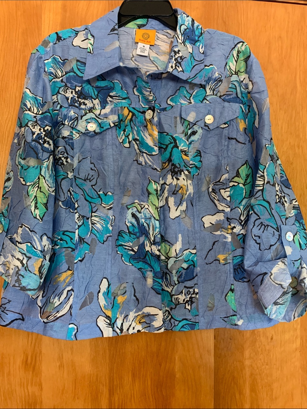 Ruby Rd Blue abstract floral Coastal Button-Up Shirt Jacket w/ sheer insets sz18